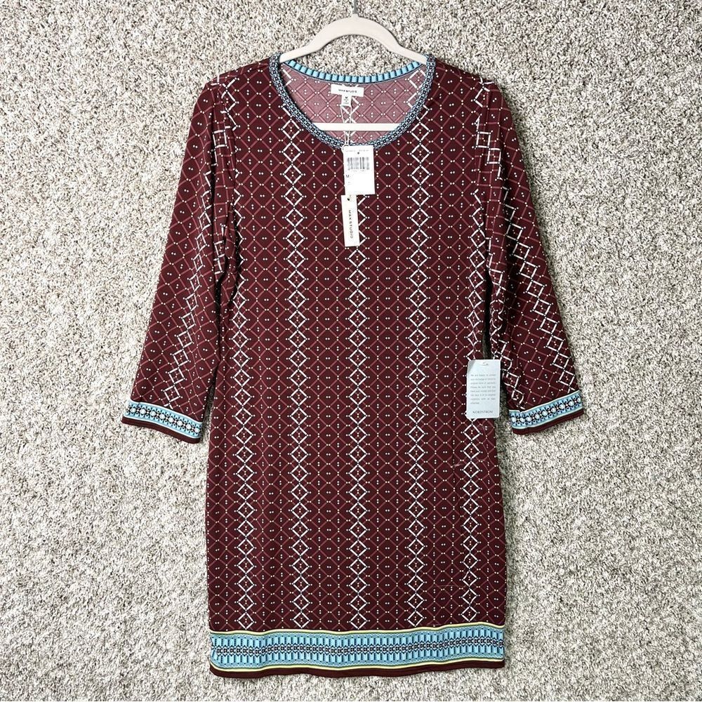 Max Studio Dress Women's Medium Red & Blue Patterned Jersey Knit Stretch NWT
